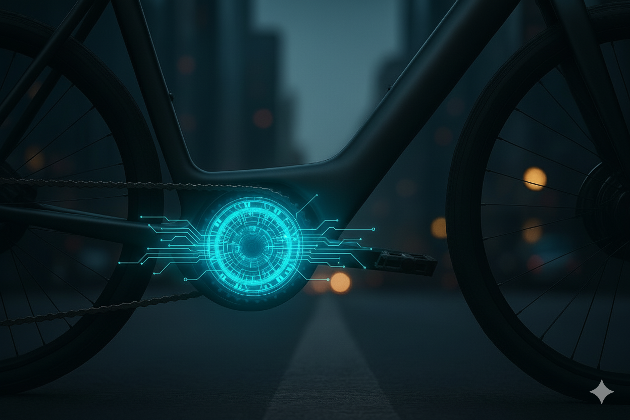 A high-tech bicycle drivetrain with glowing components