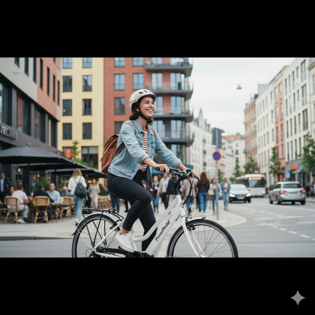 A person commuting on an eBike in a modern city