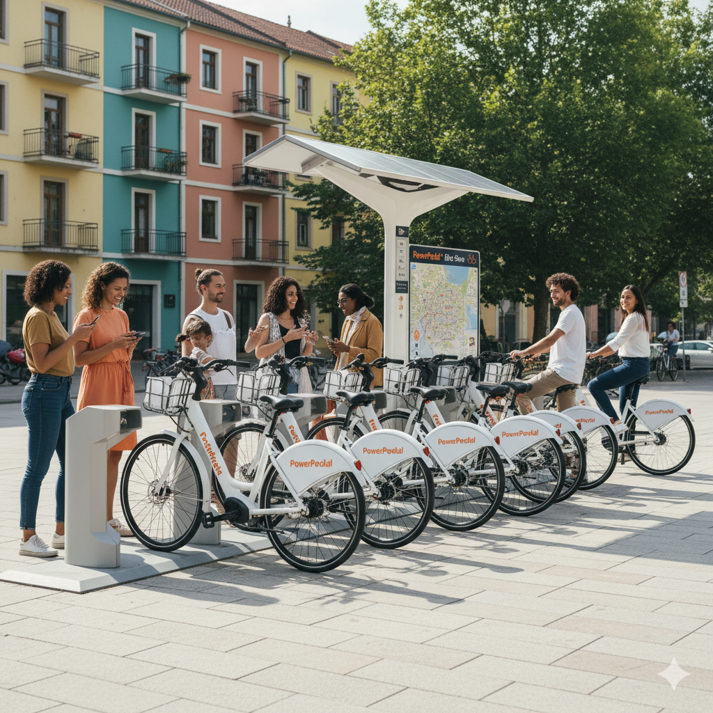 A row of rental eBikes lined up
